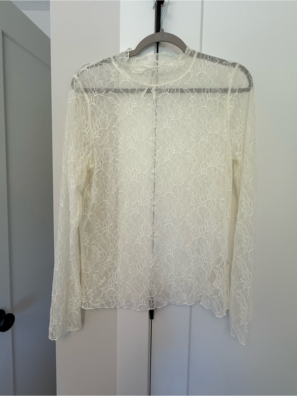 Anthropologie Ivory Sheer Floral Lace Long-Sleeve Top